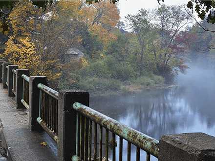 View of foggy Salmon Falls from foot bridge